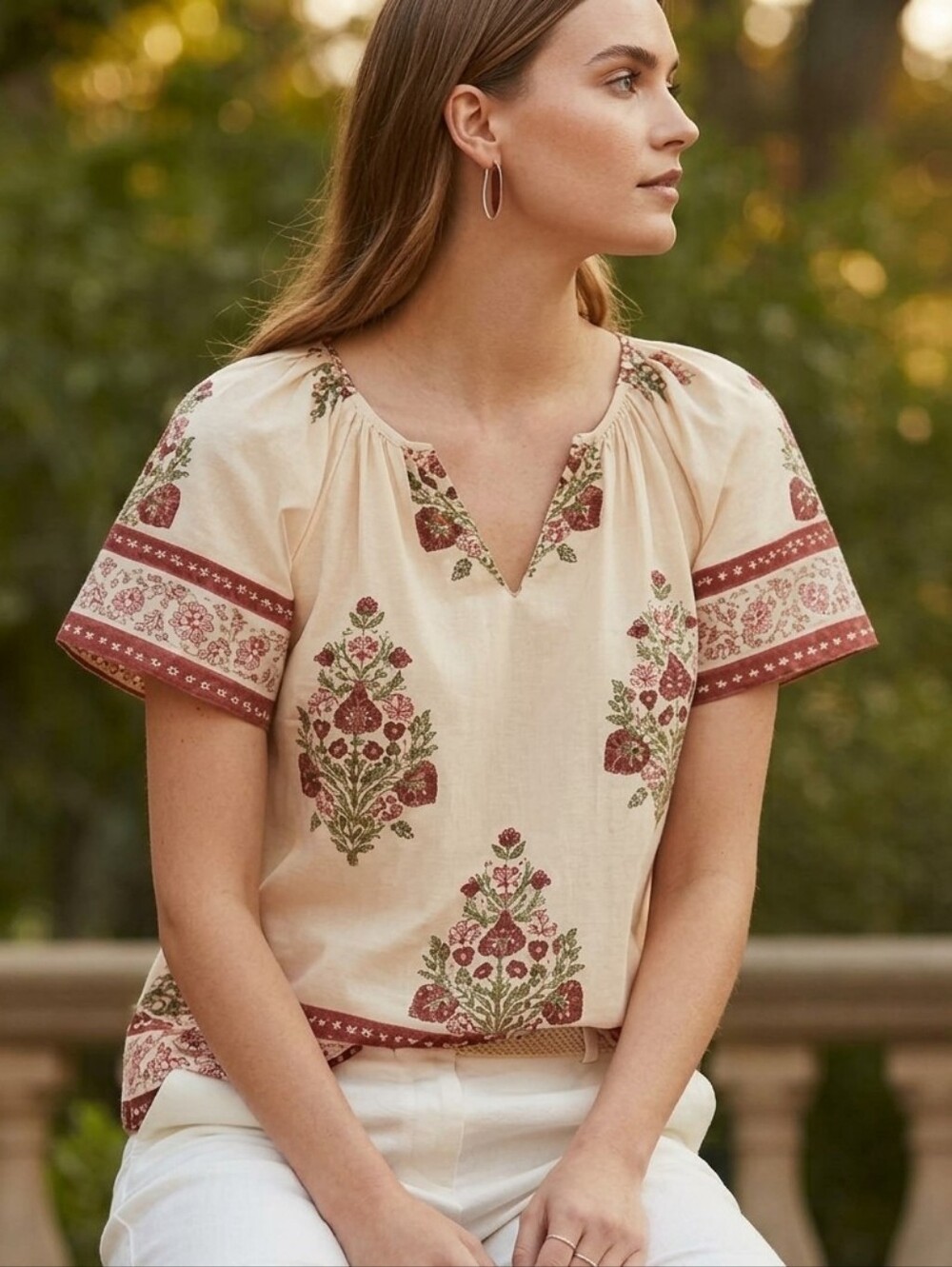 Tuckernuck Floral Elena Top Size XS Border Print Short Sleeve Boho Blouse NWT